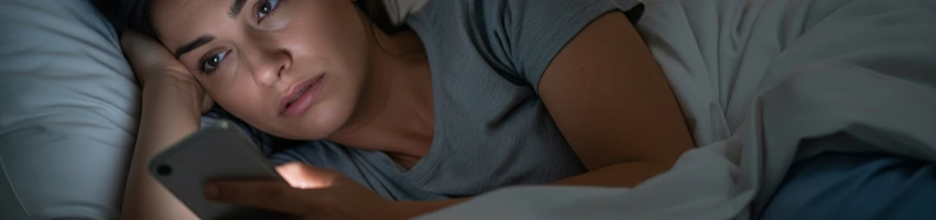 Mujer desvelada con estrés y fatiga visible